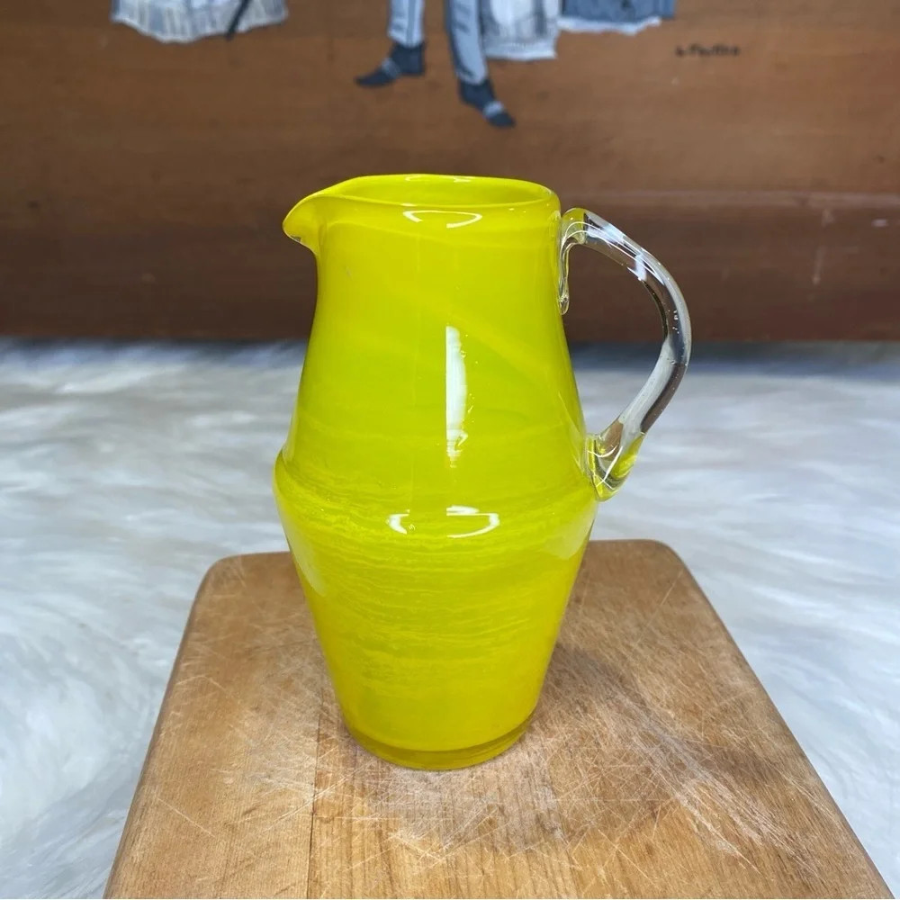 Yellow Blown Glass Small Pitcher with Applied Clear Glass Handle